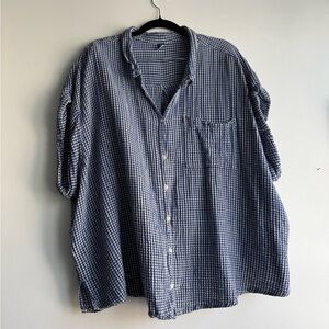 3XL Vintage Gauze Cotton Gingham Button Short Sleeve Old Navy Blue White Shirt